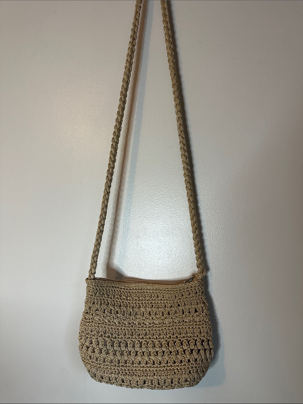 Woven Tan Crochet Crossbody Bag with Braided Strap